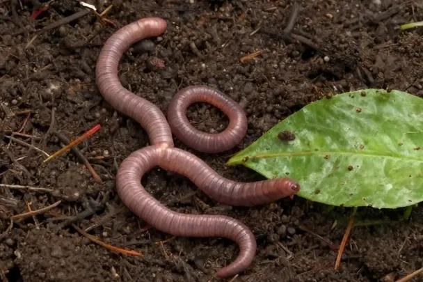 Lombriz de tierra avanza por suelo húmedo entre hojas verdes