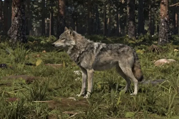 Lobo gris de perfil en un claro amplio del bosque.