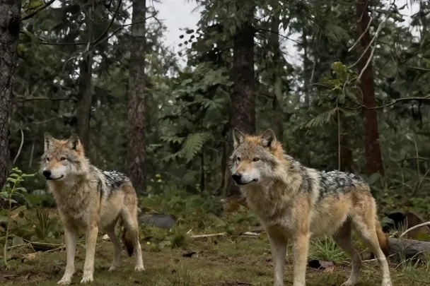 Dos lobos sanos permanecen separados en un claro de bosque