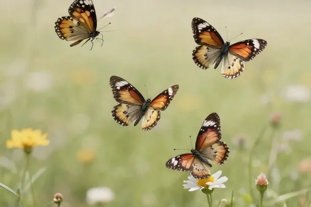 Cuatro mariposas vuelan separadas sobre flores silvestres.