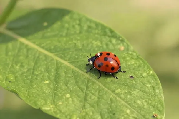 Mariquita roja descansa sobre una hoja verde iluminada
