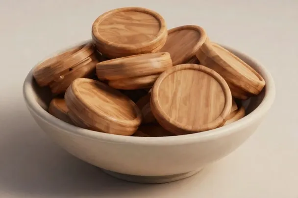 Fichas circulares de madera llenan un cuenco sencillo