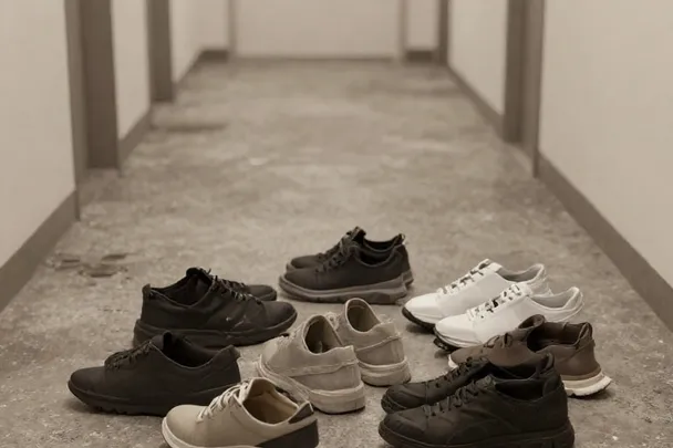 Zapatos de estilos variados ocupan un vestíbulo vacío