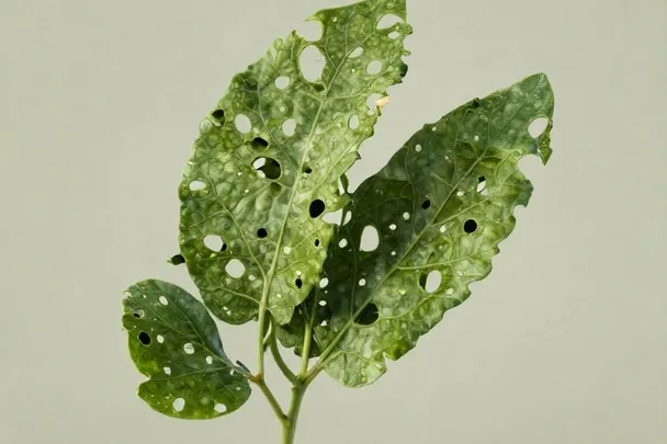 Hojas verdes con pequeñas marcas de alimentación en un jardín