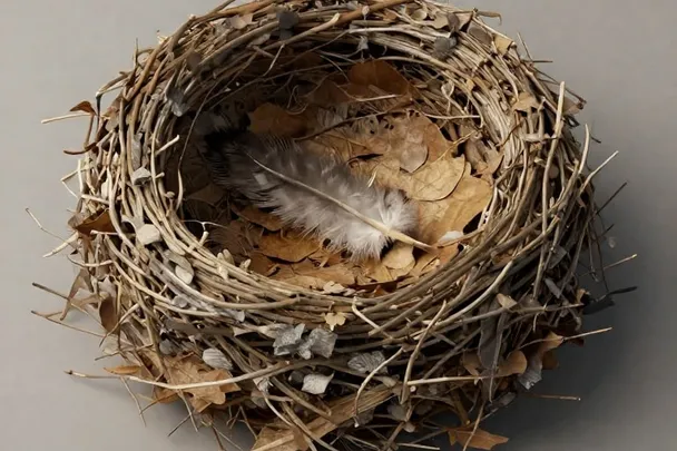 Nido vacío conserva una pluma caída sobre hojas secas