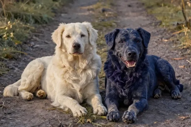Dos perros tranquilos descansan juntos junto a un sendero