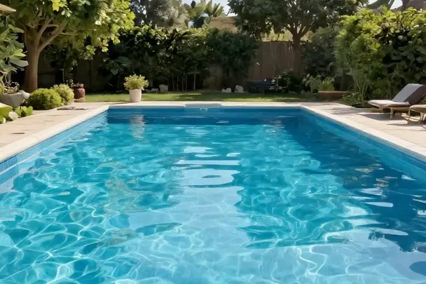 Piscina vacía de bañistas refleja un jardín tranquilo