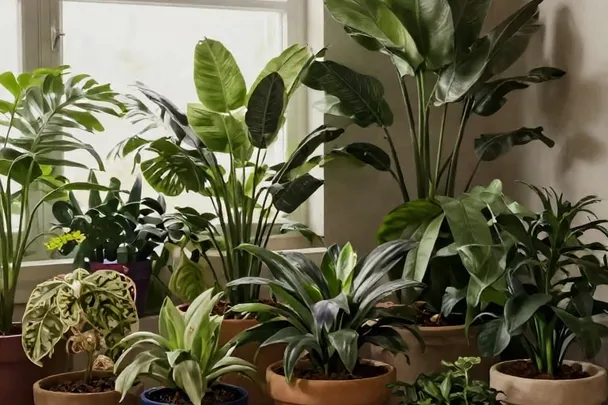 Plantas verdes crecen en macetas de barro junto a una ventana