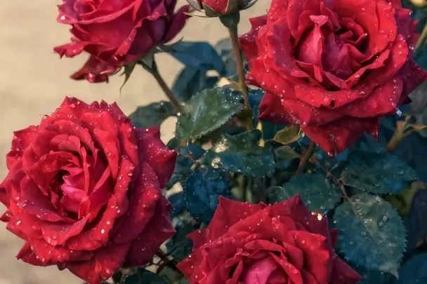 Rosas rojas frescas se abren en un jardín bajo la luz de la mañana