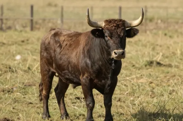 Toro robusto de pelaje oscuro permanece tranquilo en un prado