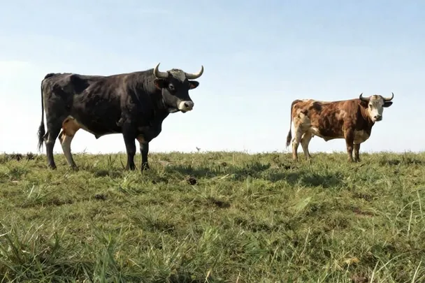 Dos toros tranquilos permanecen separados en un prado
