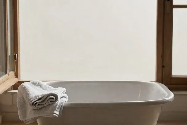 Palangana vacía y toalla limpia esperan junto a una ventana