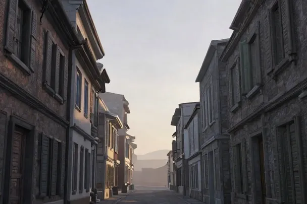 Calle vacía con edificios antiguos bajo la luz del amanecer.