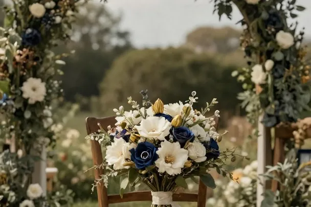 Ramo de boda reposa sobre una silla vacía en un jardín preparado