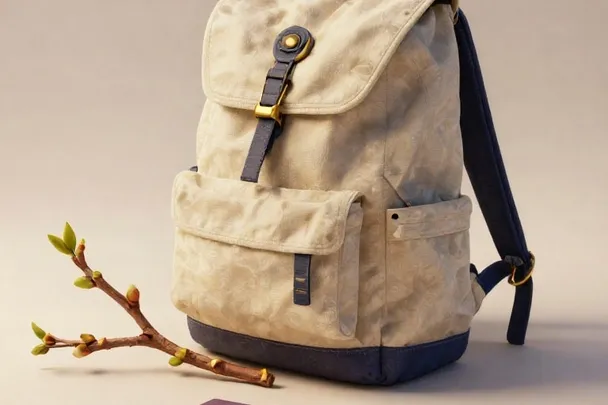 Mochila sencilla y rama con brotes descansan al inicio de un sendero
