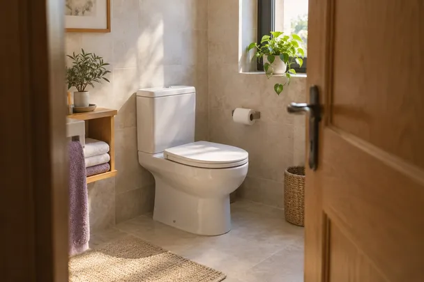 Cuarto de baño tranquilo con un inodoro cerrado y luz natural junto a una ventana