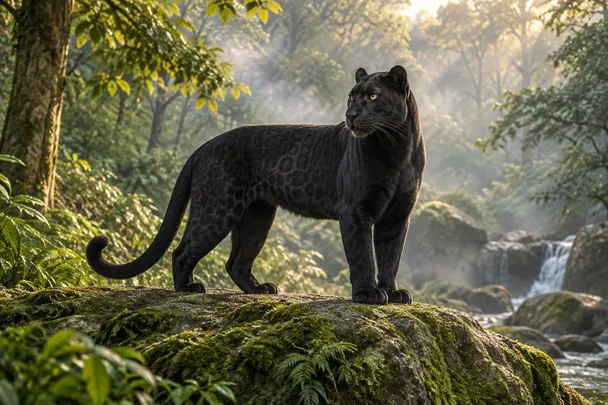 Pantera negra de pie sobre una roca con musgo en un bosque iluminado por luz suave
