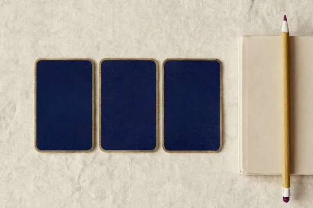Tres cartas de reverso liso alineadas junto a un cuaderno cerrado