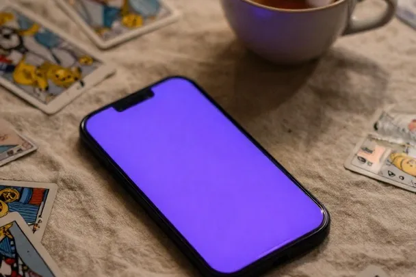 Teléfono móvil junto a unas cartas de tarot, sin una llamada ni una reserva activada