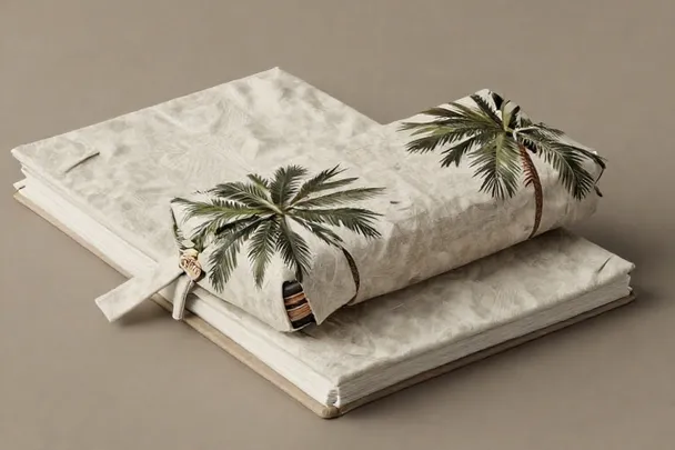 Cuaderno cerrado junto a una baraja envuelta sobre una mesa.