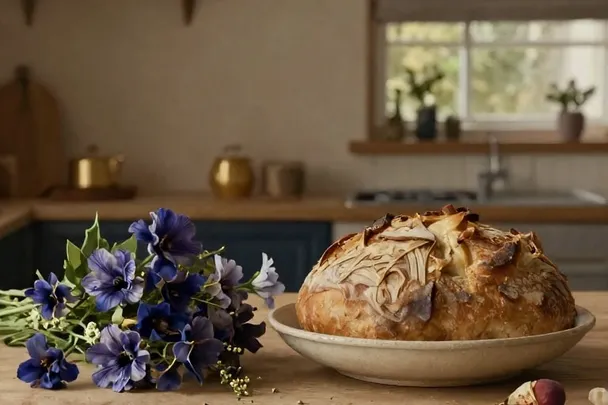 Mesa acogedora con pan y flores junto a una ventana soleada