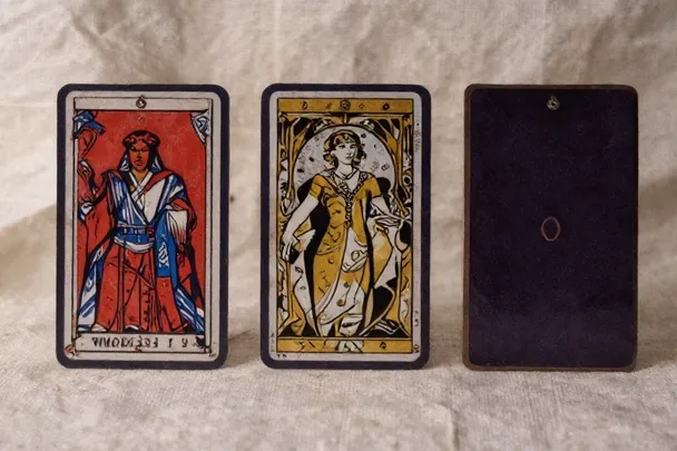 Tres barajas de tarot antiguas con reversos de estilos distintos sobre tela de lino