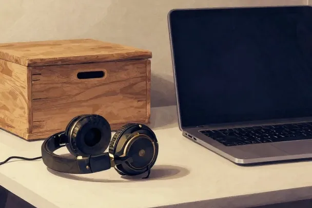 Escritorio doméstico ordenado con auriculares y portátil cerrado