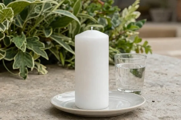 Vela blanca apagada sobre un plato de cerámica junto a un vaso de agua.