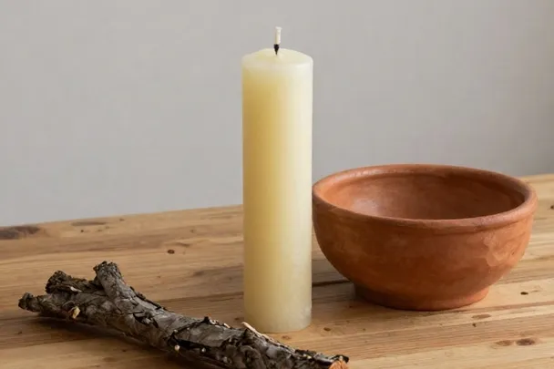 Vela apagada, cuenco de barro y ramas secas sobre madera.